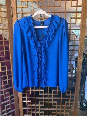 MARC CAIN Blue Ruffle v neck Blouse